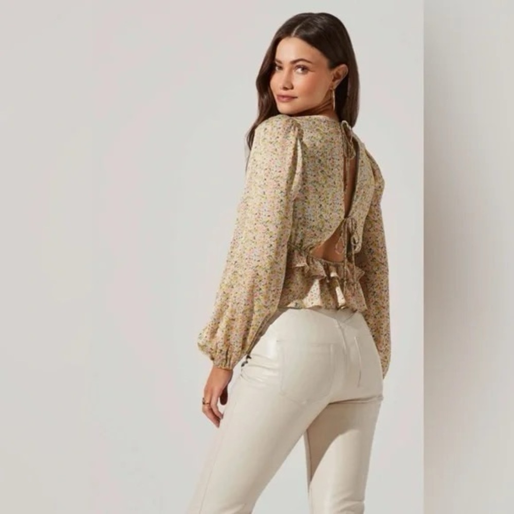 Anthropologie Cream Floral Open-Back Peplum Blouse